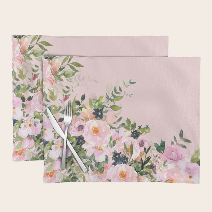 Boho, Vintage, Floral Watercolor, Pink Roses Placemat Gallery Image 1