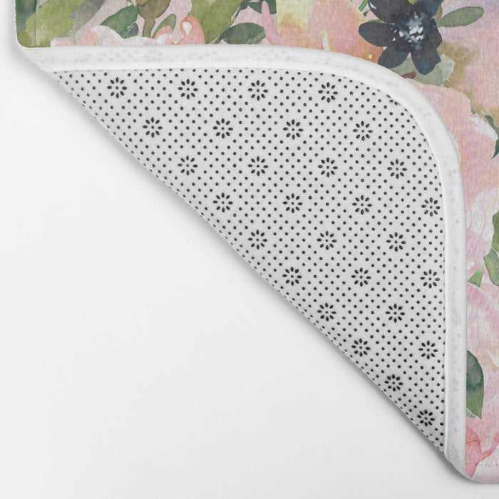 Boho, Vintage, Floral Watercolor, Pink Roses Bath Mat Gallery Image 2