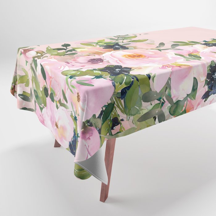 Boho, Vintage, Floral Watercolor, Pink Roses Tablecloth Gallery Image 1