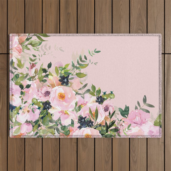 Boho, Vintage, Floral Watercolor, Pink Roses Outdoor Rug Gallery Image 1