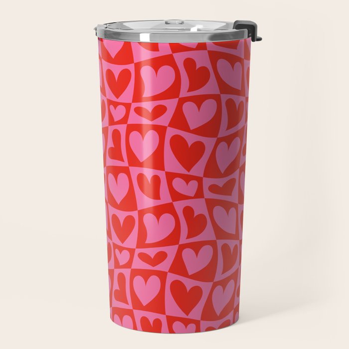Red love heart checkered pattern Travel Mug Gallery Image 2