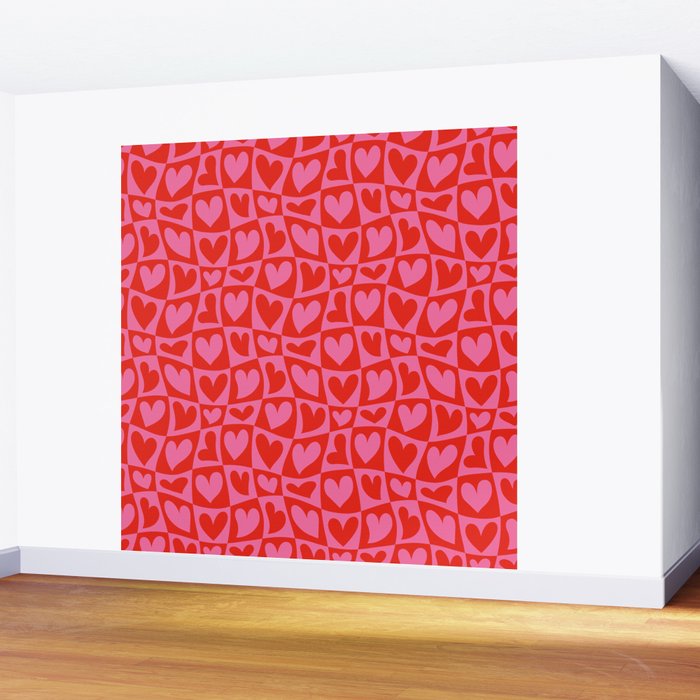 Red love heart checkered pattern Wall Mural Gallery Image 2