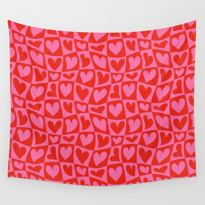 Red love heart checkered pattern Wall Tapestry Gallery Image 1