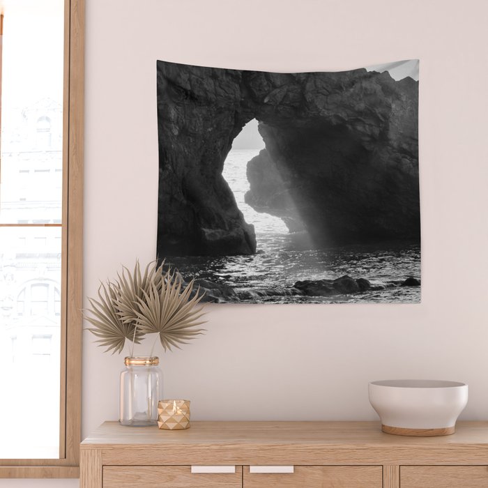 Sunrays Through The Arch. Del Medio Beach. At Sunrise. Bw Wall Tapestry Gallery Image 2