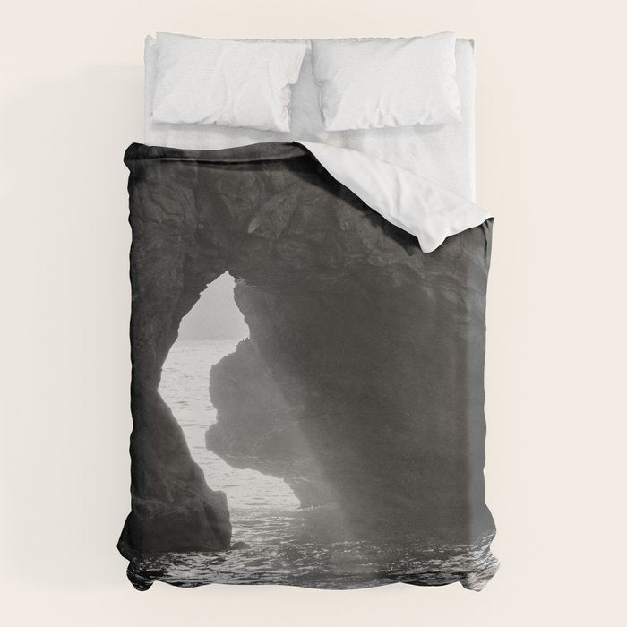 Sunrays Through The Arch. Del Medio Beach. At Sunrise. Bw Duvet Cover Gallery Image 1