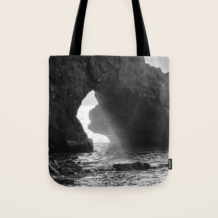 Sunrays Through The Arch. Del Medio Beach. At Sunrise. Bw Tote Bag Gallery Image 1