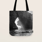 Sunrays Through The Arch. Del Medio Beach. At Sunrise. Bw Tote Bag Gallery Image 1