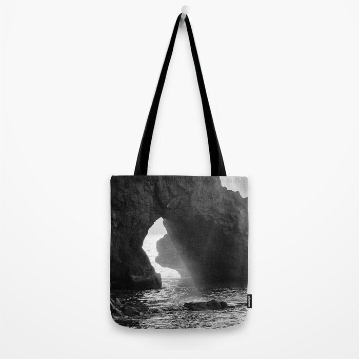 Sunrays Through The Arch. Del Medio Beach. At Sunrise. Bw Tote Bag Gallery Image 2