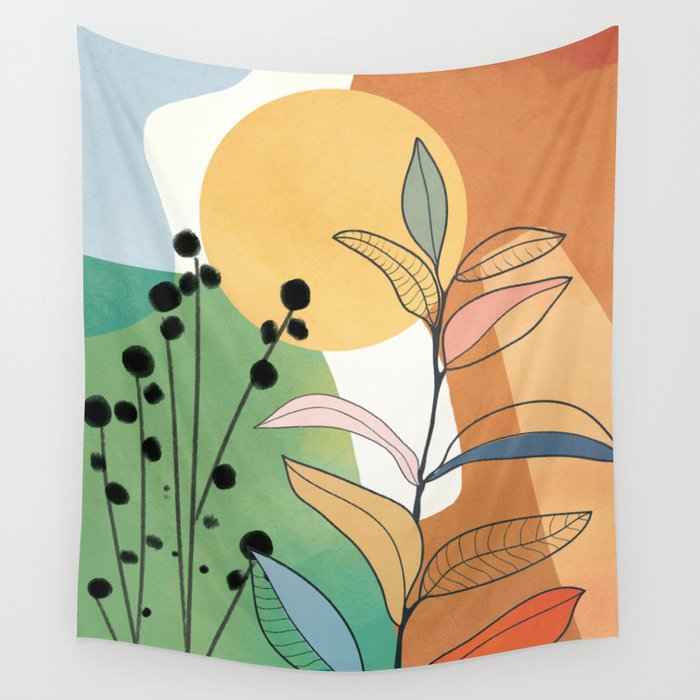 Modern abstract leaves line art 12 Wall Tapestry Gallery Image 1
