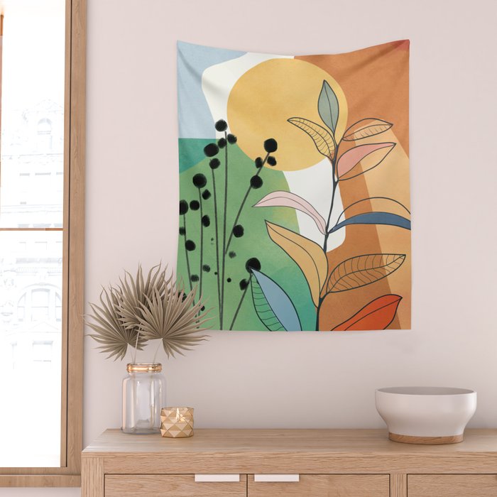 Modern abstract leaves line art 12 Wall Tapestry Gallery Image 2