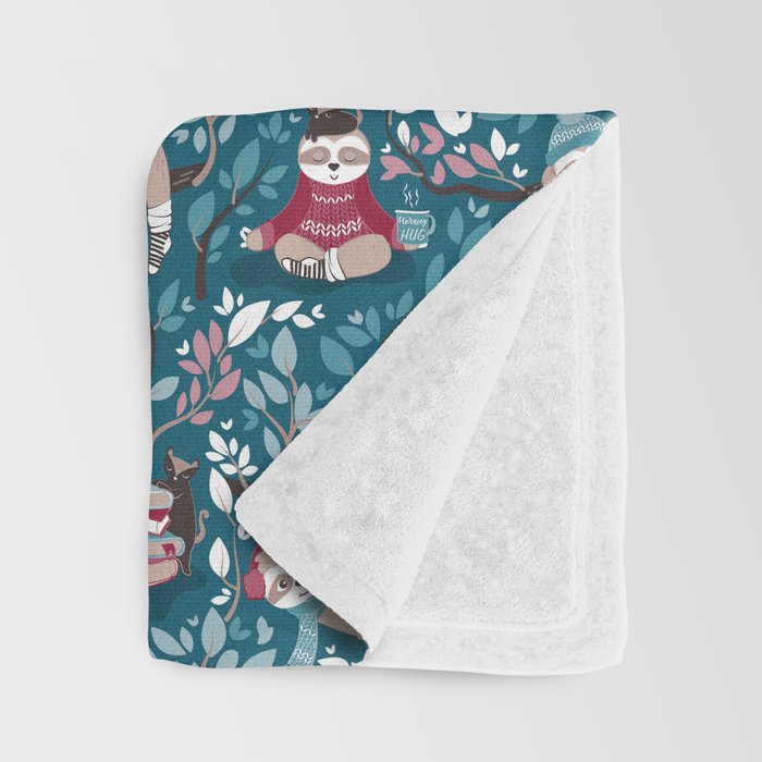 Hygge sloth // turquoise and red Throw Blanket Gallery Image 3