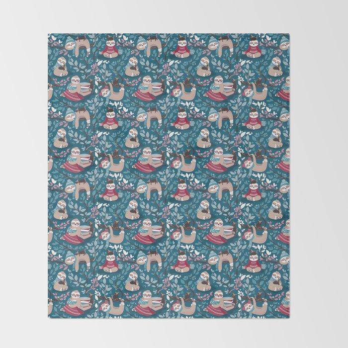 Hygge sloth // turquoise and red Throw Blanket Gallery Image 2