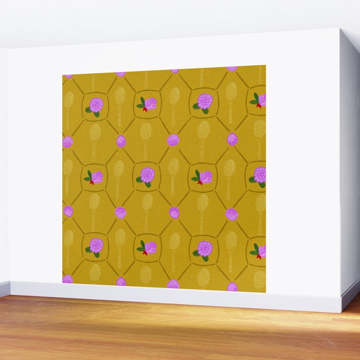 Tennis Rackets & Roses in Ochre & Purple Wall Mural Gallery Image 2