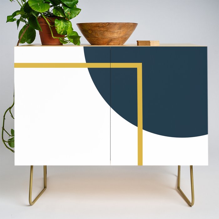 Fusion Minimalist Geometric Abstract in Mustard Yellow, Navy Blue, and White Credenza Gallery Image 1