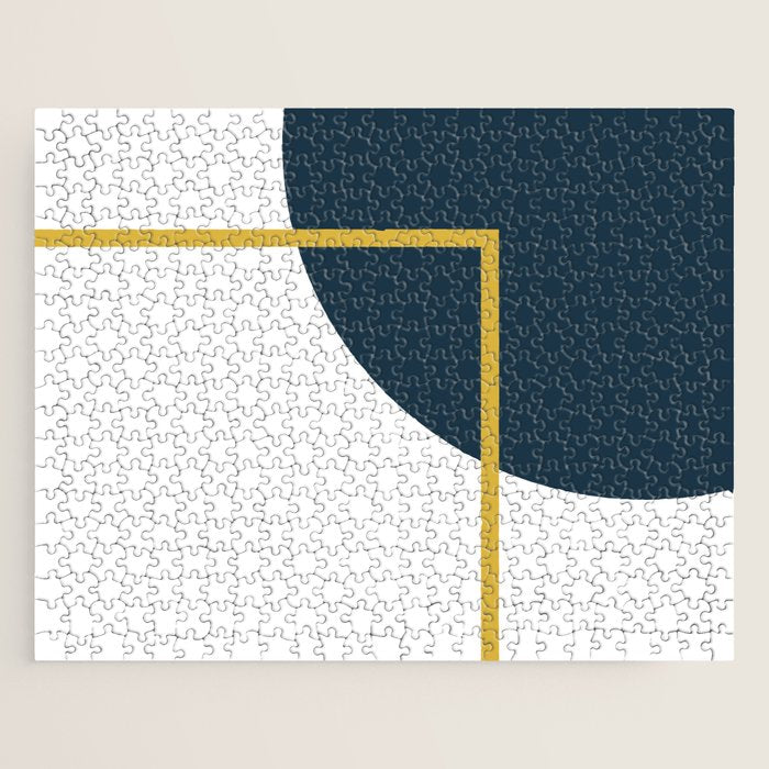 Fusion Minimalist Geometric Abstract in Mustard Yellow, Navy Blue, and White Jigsaw Puzzle Gallery Image 1