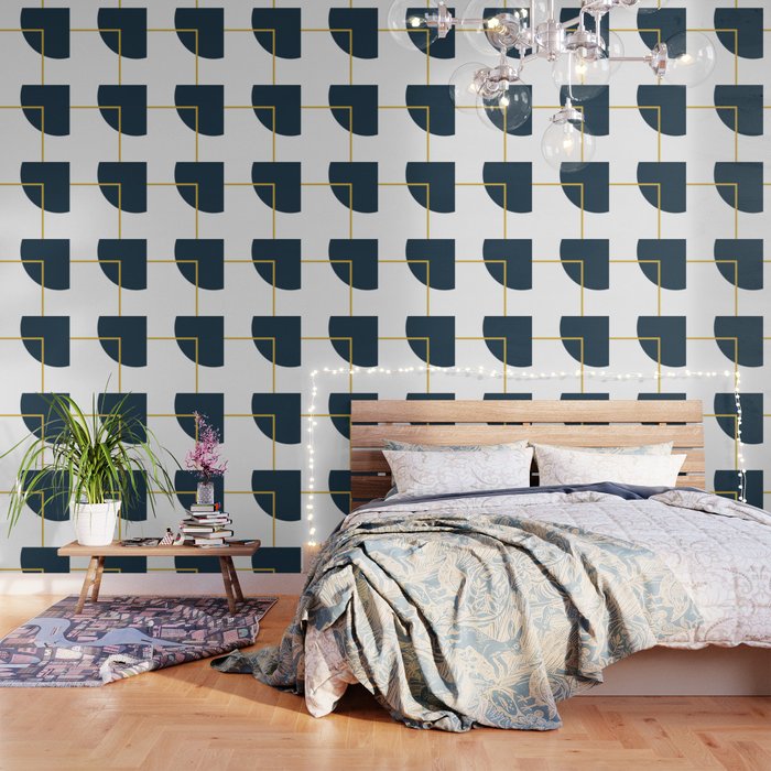 Fusion Minimalist Geometric Abstract in Mustard Yellow, Navy Blue, and White Wallpaper Gallery Image 1