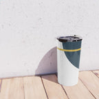 Fusion Minimalist Geometric Abstract in Mustard Yellow, Navy Blue, and White Travel Mug Gallery Image 4