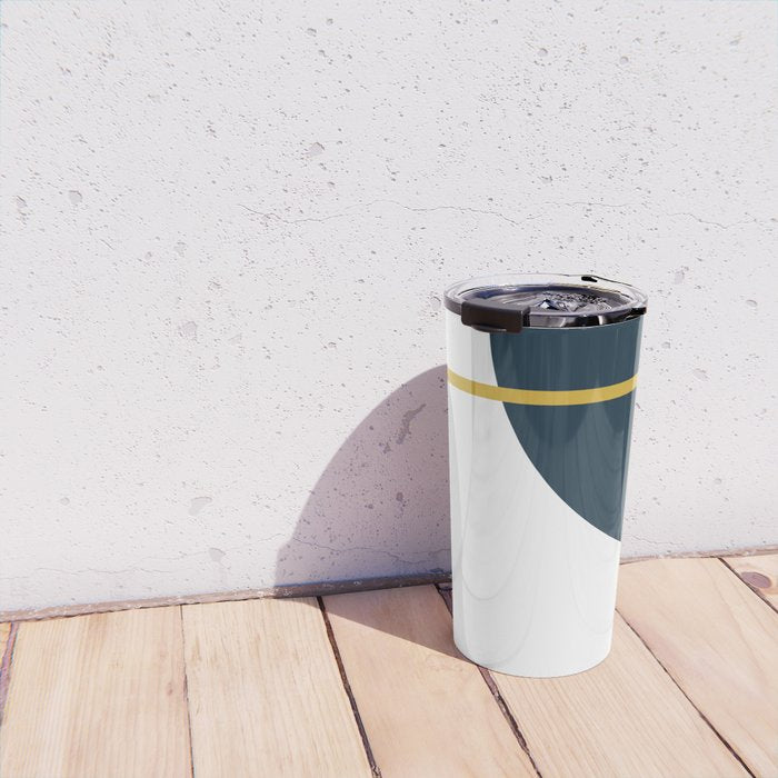 Fusion Minimalist Geometric Abstract in Mustard Yellow, Navy Blue, and White Travel Mug Gallery Image 4