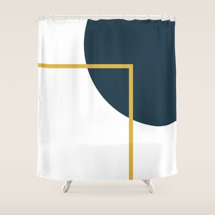 Fusion Minimalist Geometric Abstract in Mustard Yellow, Navy Blue, and White Shower Curtain Gallery Image 1
