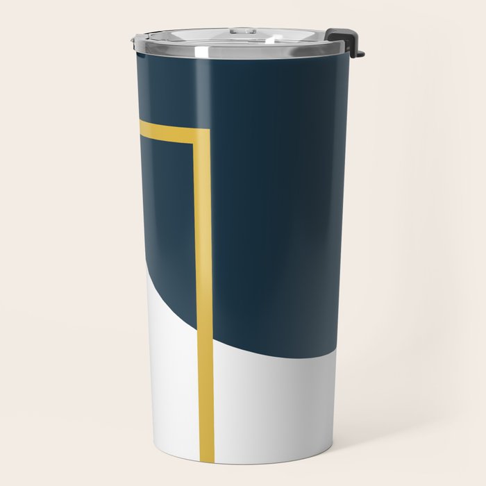 Fusion Minimalist Geometric Abstract in Mustard Yellow, Navy Blue, and White Travel Mug Gallery Image 2