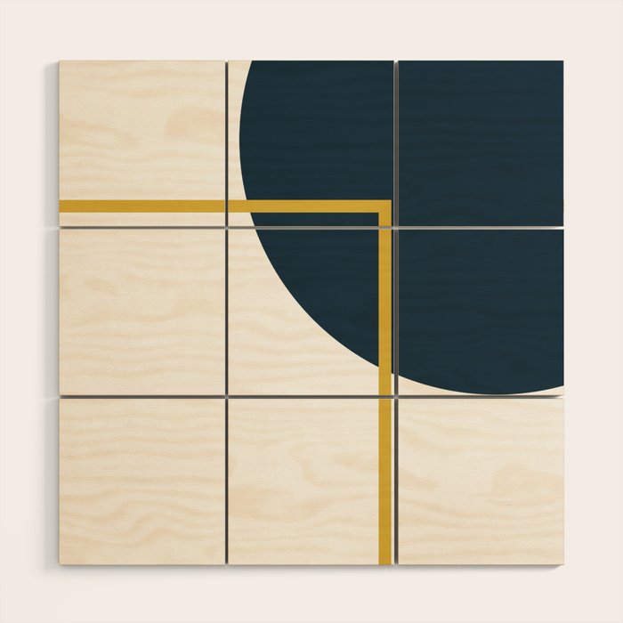 Fusion Minimalist Geometric Abstract in Mustard Yellow, Navy Blue, and White Wood Wall Art Gallery Image 1
