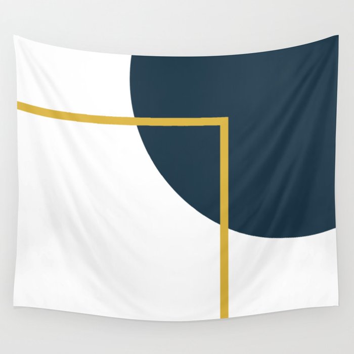 Fusion Minimalist Geometric Abstract in Mustard Yellow, Navy Blue, and White Wall Tapestry Gallery Image 4
