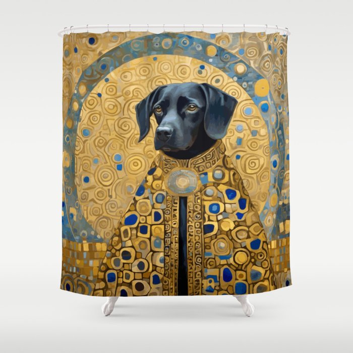 Gustav Klimt Style Black Dog with Blue and Gold Coat Shower Curtain Gallery Image 1
