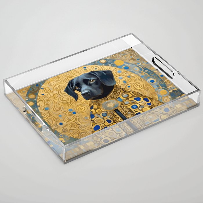 Gustav Klimt Style Black Dog with Blue and Gold Coat Acrylic Tray Gallery Image 1