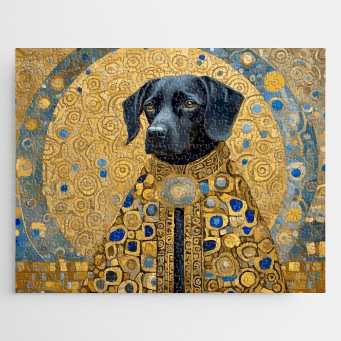 Gustav Klimt Style Black Dog with Blue and Gold Coat Jigsaw Puzzle Gallery Image 1