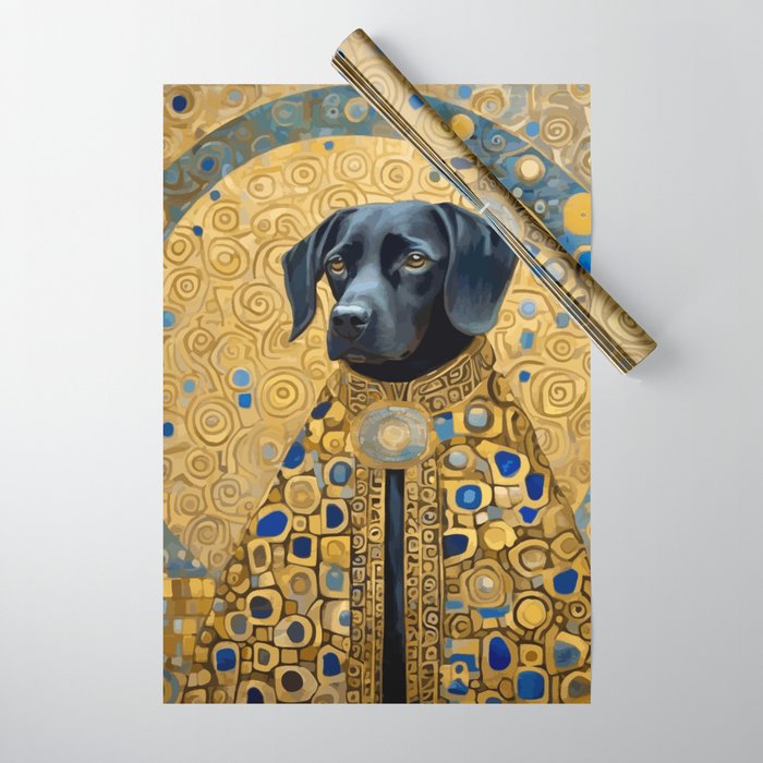 Gustav Klimt Style Black Dog with Blue and Gold Coat Wrapping Paper Gallery Image 1