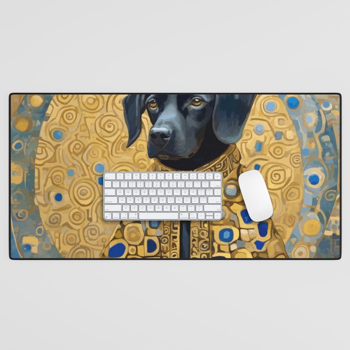 Gustav Klimt Style Black Dog with Blue and Gold Coat Desk Mat Gallery Image 1