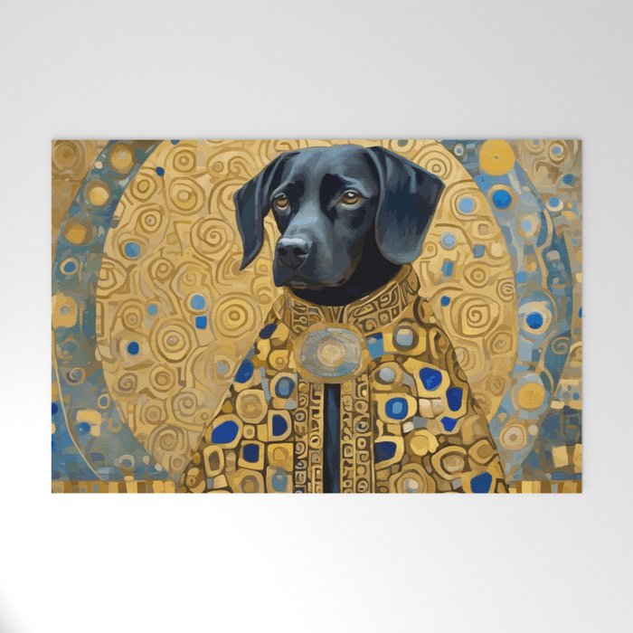 Gustav Klimt Style Black Dog with Blue and Gold Coat Welcome Mat Gallery Image 1