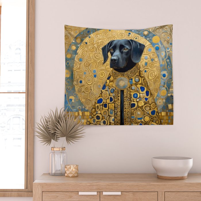 Gustav Klimt Style Black Dog with Blue and Gold Coat Wall Tapestry Gallery Image 2