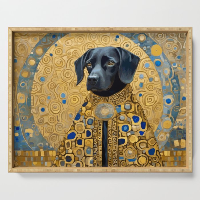 Gustav Klimt Style Black Dog with Blue and Gold Coat Serving Tray Gallery Image 1
