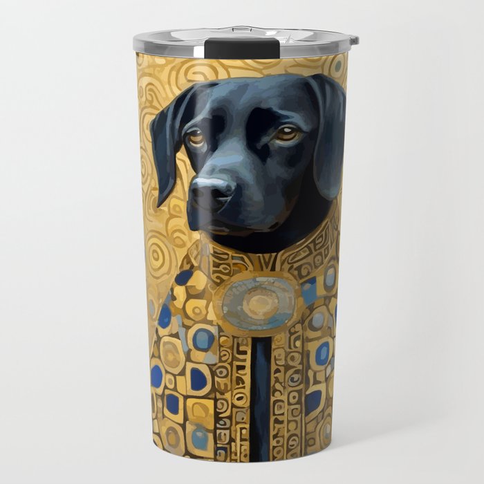 Gustav Klimt Style Black Dog with Blue and Gold Coat Travel Mug Gallery Image 1