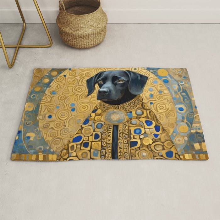 Gustav Klimt Style Black Dog with Blue and Gold Coat Rug Gallery Image 1