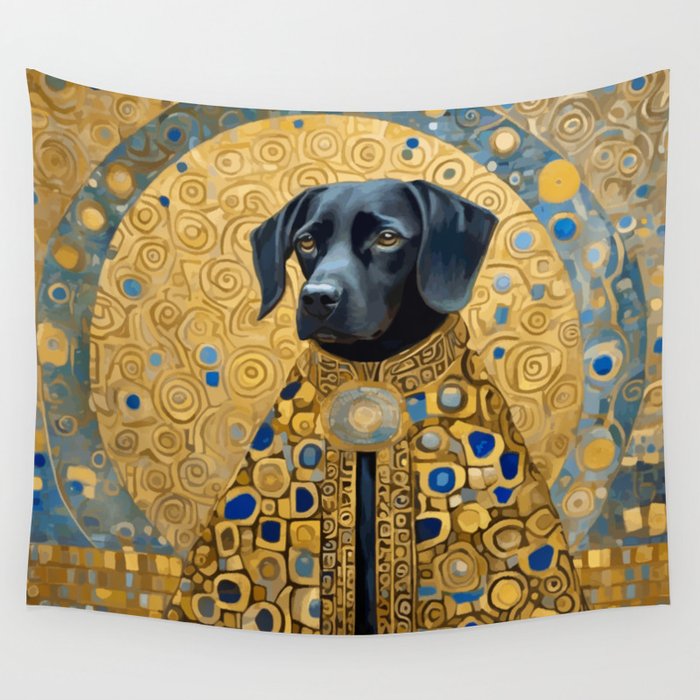 Gustav Klimt Style Black Dog with Blue and Gold Coat Wall Tapestry Gallery Image 1