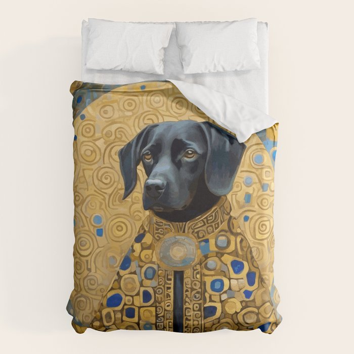 Gustav Klimt Style Black Dog with Blue and Gold Coat Duvet Cover Gallery Image 1