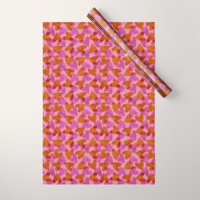 Linocut Hearts / Pink & Orange Wrapping Paper Gallery Image 1