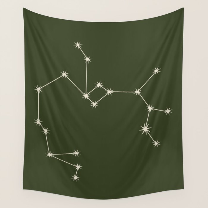 Sagittarius Zodiac Star Constellation Line Art Moss Green Wall Tapestry Gallery Image 1