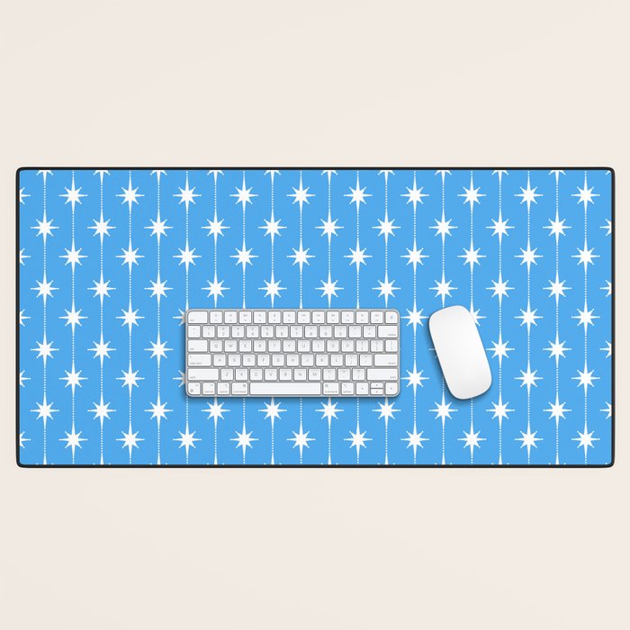 Midcentury Stars and Dots Pattern in Bold Blue and White Desk Mat Gallery Image 1