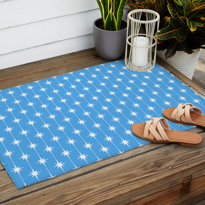 Midcentury Stars and Dots Pattern in Bold Blue and White Outdoor Rug Gallery Image 2