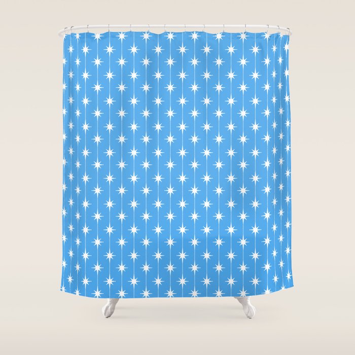 Midcentury Stars and Dots Pattern in Bold Blue and White Shower Curtain Gallery Image 1