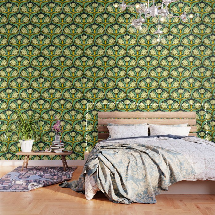 Art Nouveau Pattern 2 Cream Yellow Ochre Sage Green On Dark Blue Wallpaper Gallery Image 3