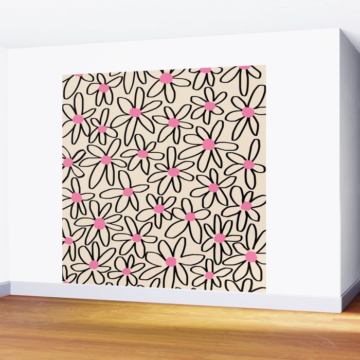 Joyful Flower Lines - b/w pink Wall Mural Gallery Image 2