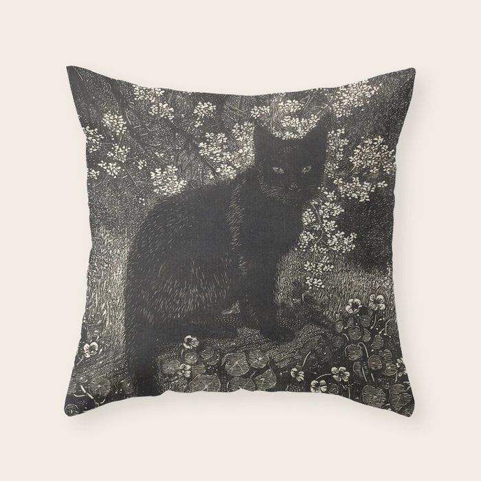 The witch - Lionel Lindsay - Wood Engraving Print Black Cat Gothic Throw Pillow Gallery Image 6