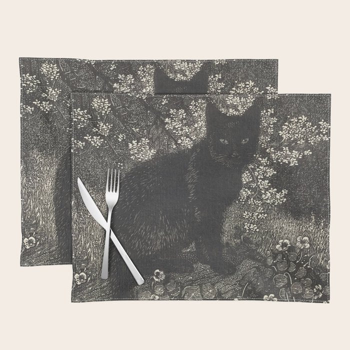The witch - Lionel Lindsay - Wood Engraving Print Black Cat Gothic Placemat Gallery Image 1