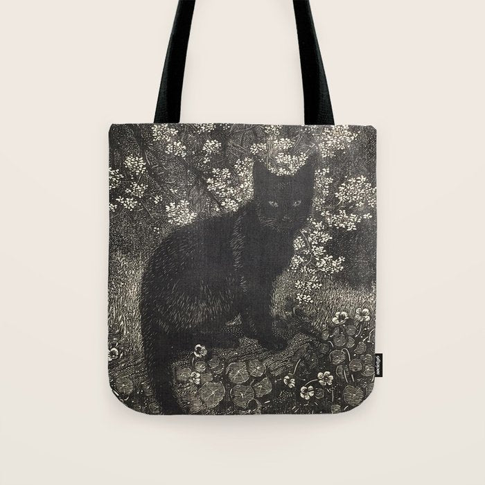 The witch - Lionel Lindsay - Wood Engraving Print Black Cat Gothic Tote Bag Gallery Image 1