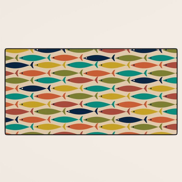 Midcentury Modern Multicolor Fish Pattern in Olive, Mustard, Orange, Teal, Beige Desk Mat Gallery Image 3