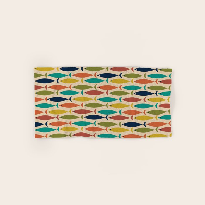 Midcentury Modern Multicolor Fish Pattern in Olive, Mustard, Orange, Teal, Beige Bath Towel Gallery Image 1